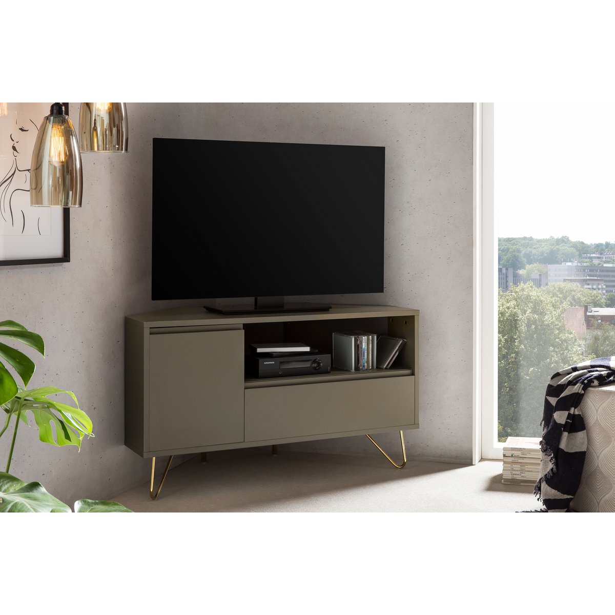 Hoek TV-lowboard met lade, vouwvak en open vak