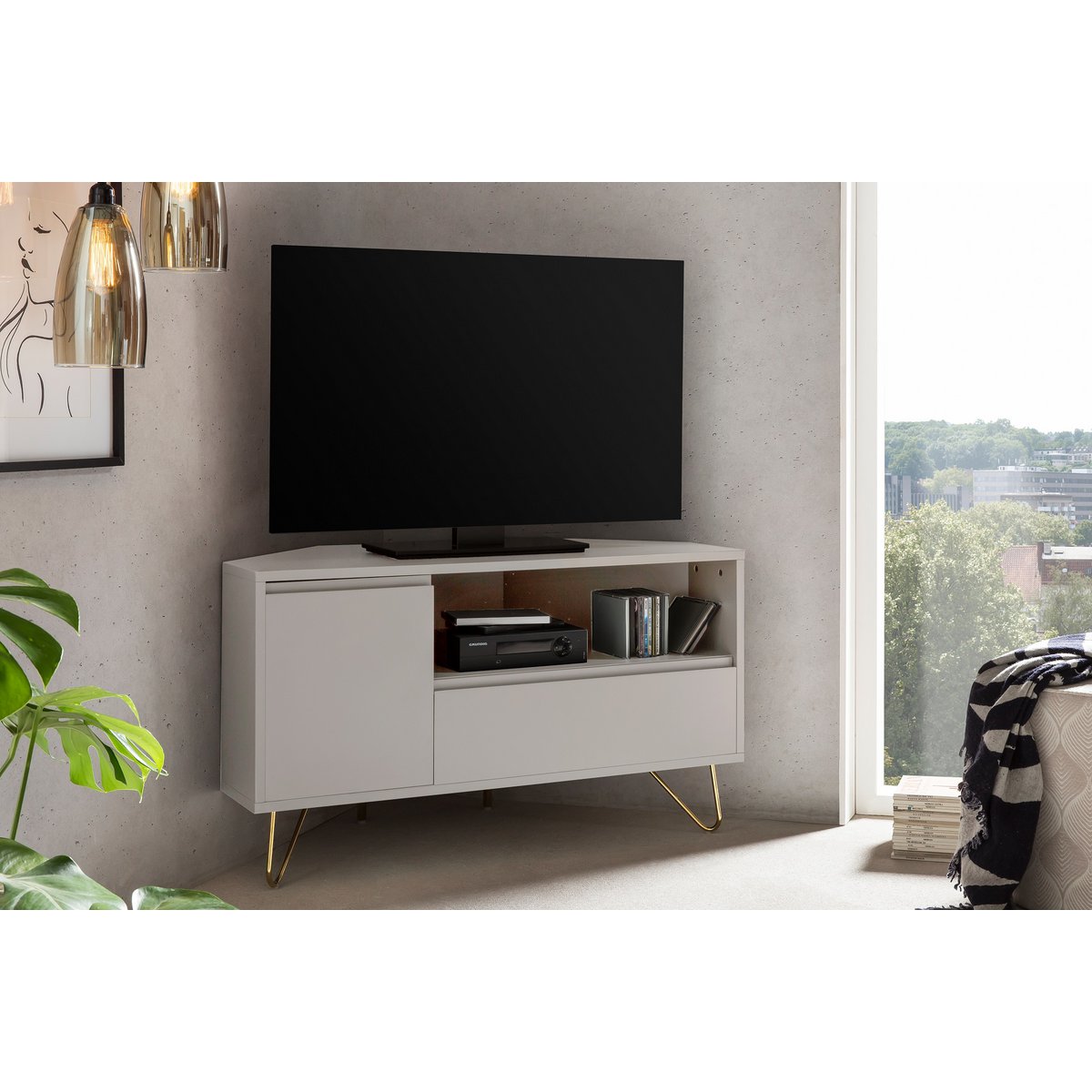 Hoek TV-lowboard met lade, vouwvak en open vak